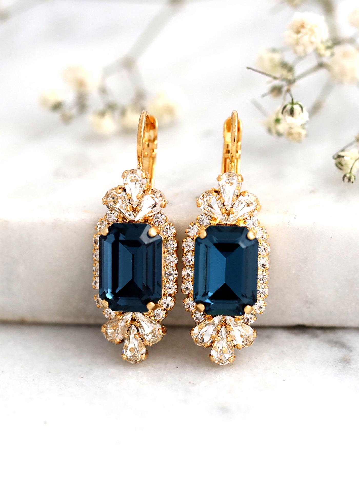 Blue Navy Earrings, Bridal Blue Navy Earrings, Dark Blue Crystal Swarovski Earrings, Bridesmaids Earrings, Emerald Cut Blue Crystal Earrings