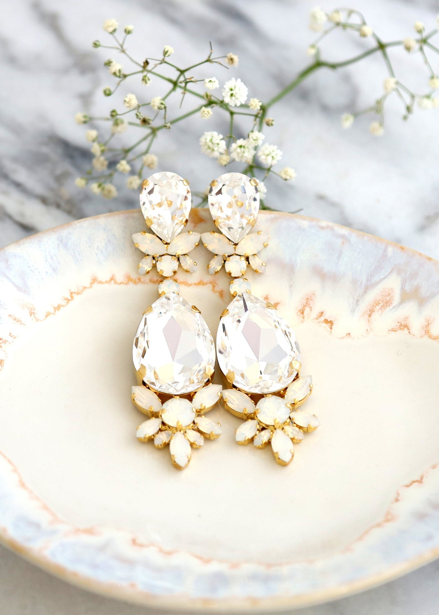 Statement Bridal Earrings, White Opal Chandelier Bridal Earrings