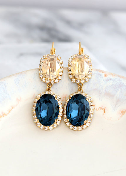 Blue Navy Chandelier Earrings, Bridal Blue Crystal Earrings