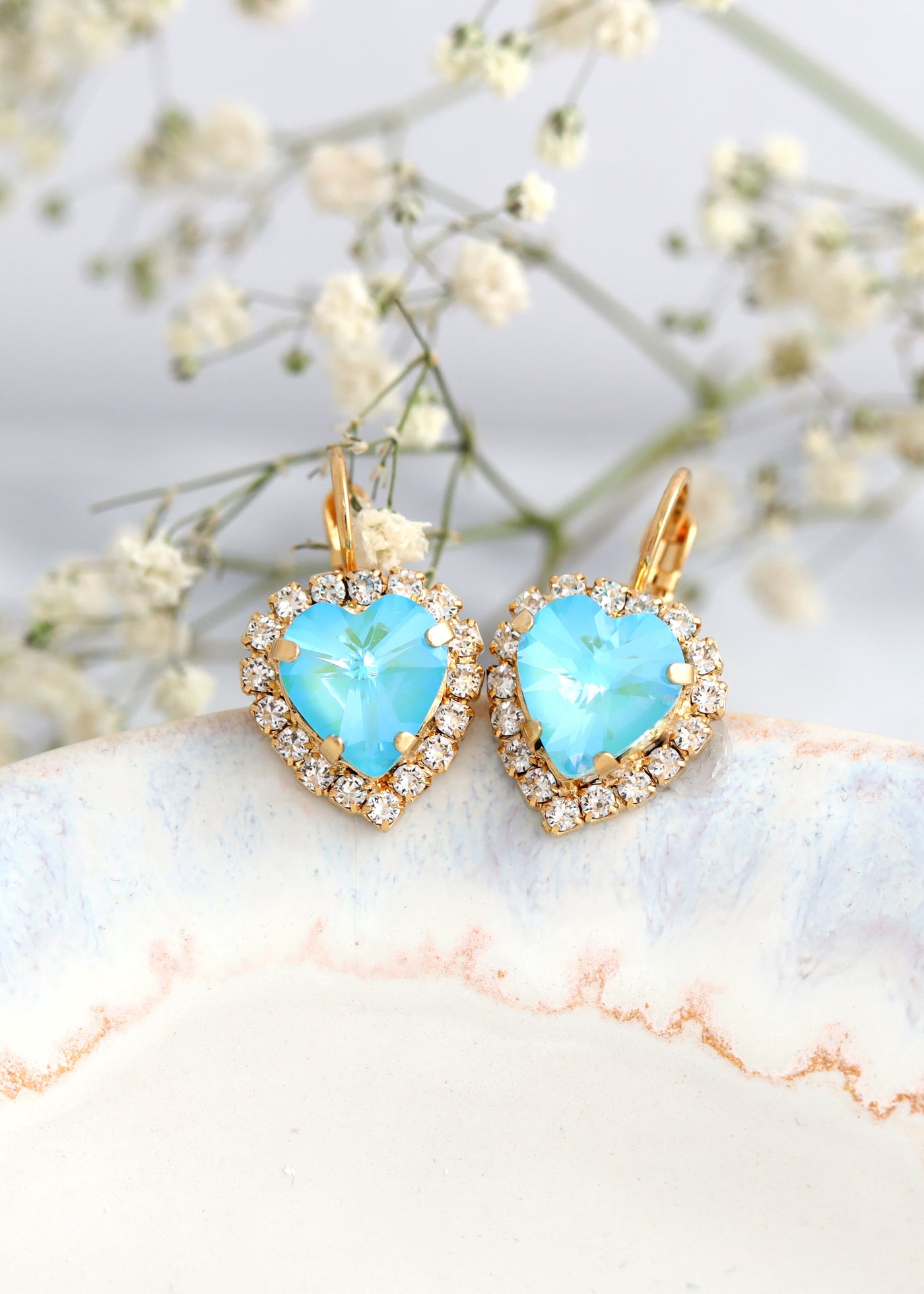 Sky Blue Heart Earrings, Blue Drop Earrings, Heart Drop Earrings