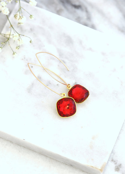 Red Drop Earrings, Ruby Red Dangle Crystal Earrings