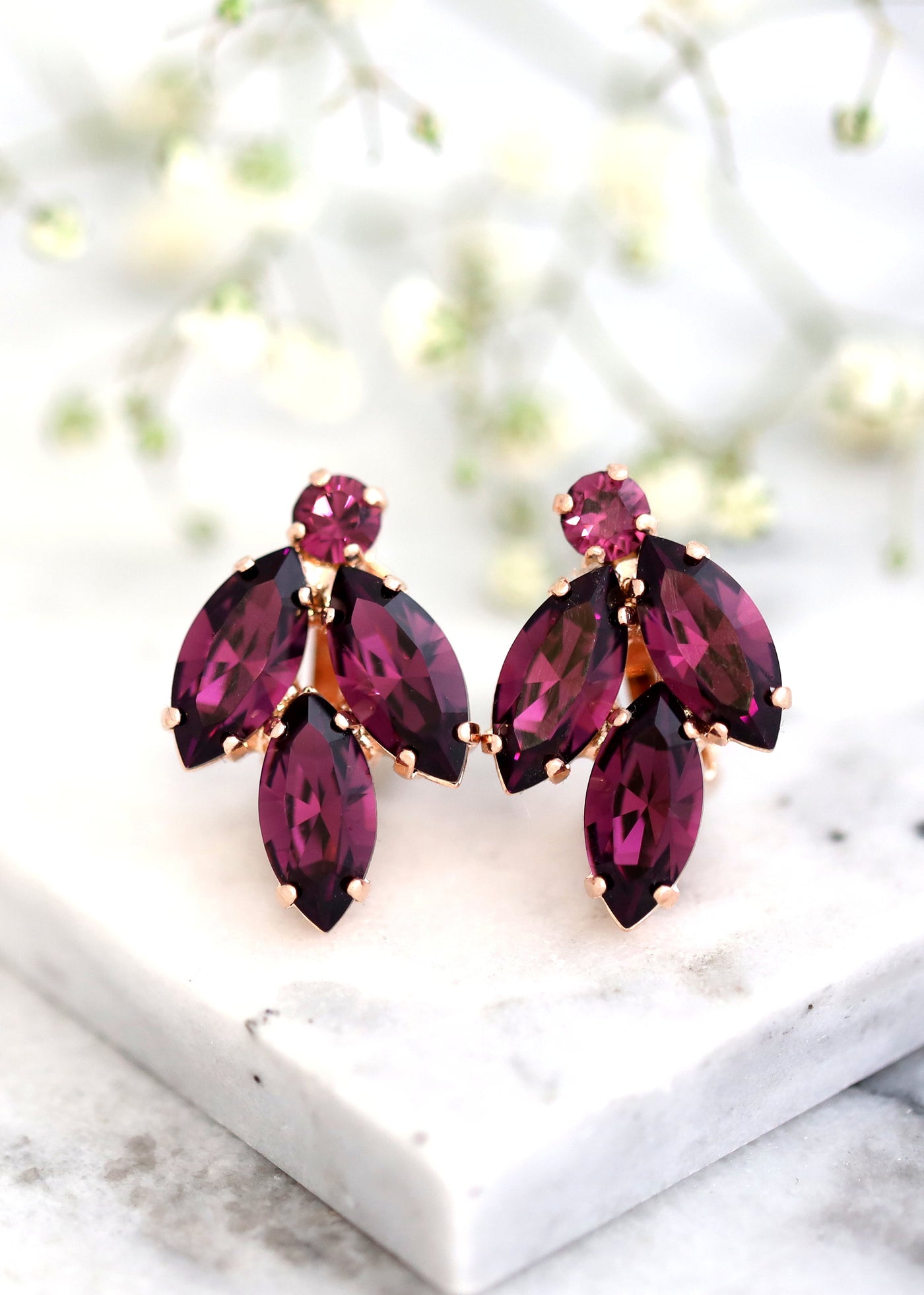 Purple Clip On Earrings, Bridal Amethyst Purple Crystal Earrings