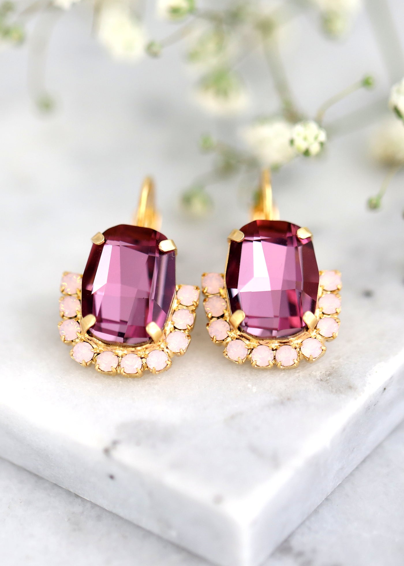 Antique Pink Purple Drop Earrings, Bridal Purple Earrings
