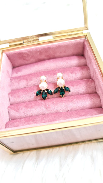 Emerald Earrings, Bridal Emerald Pearl Earrings, Green Stud Earring