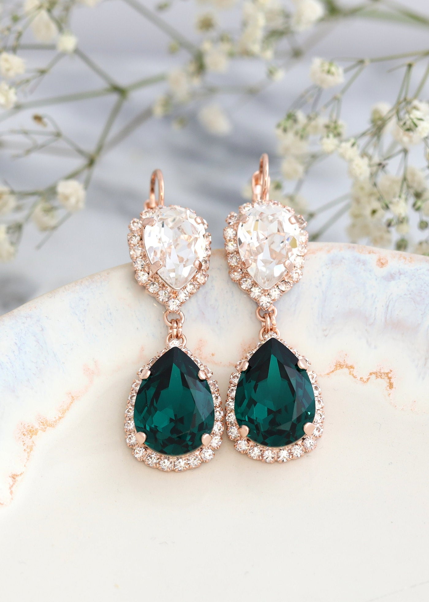 Emerald Chandelier Earrings, Bridal Emerald Drop Lever Back Earrings