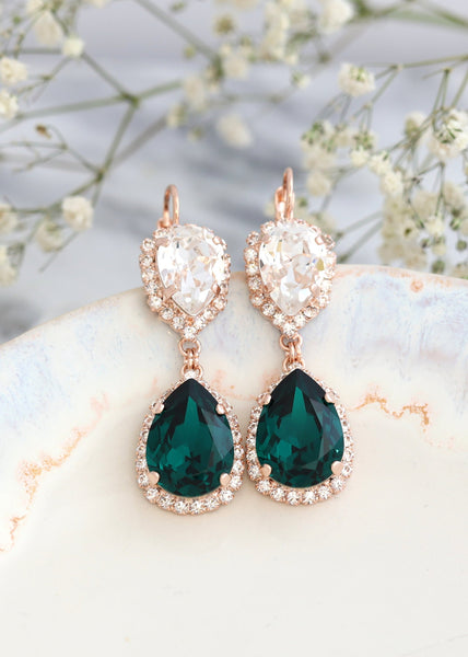 Emerald Chandelier Earrings, Bridal Emerald Drop Lever Back Earrings