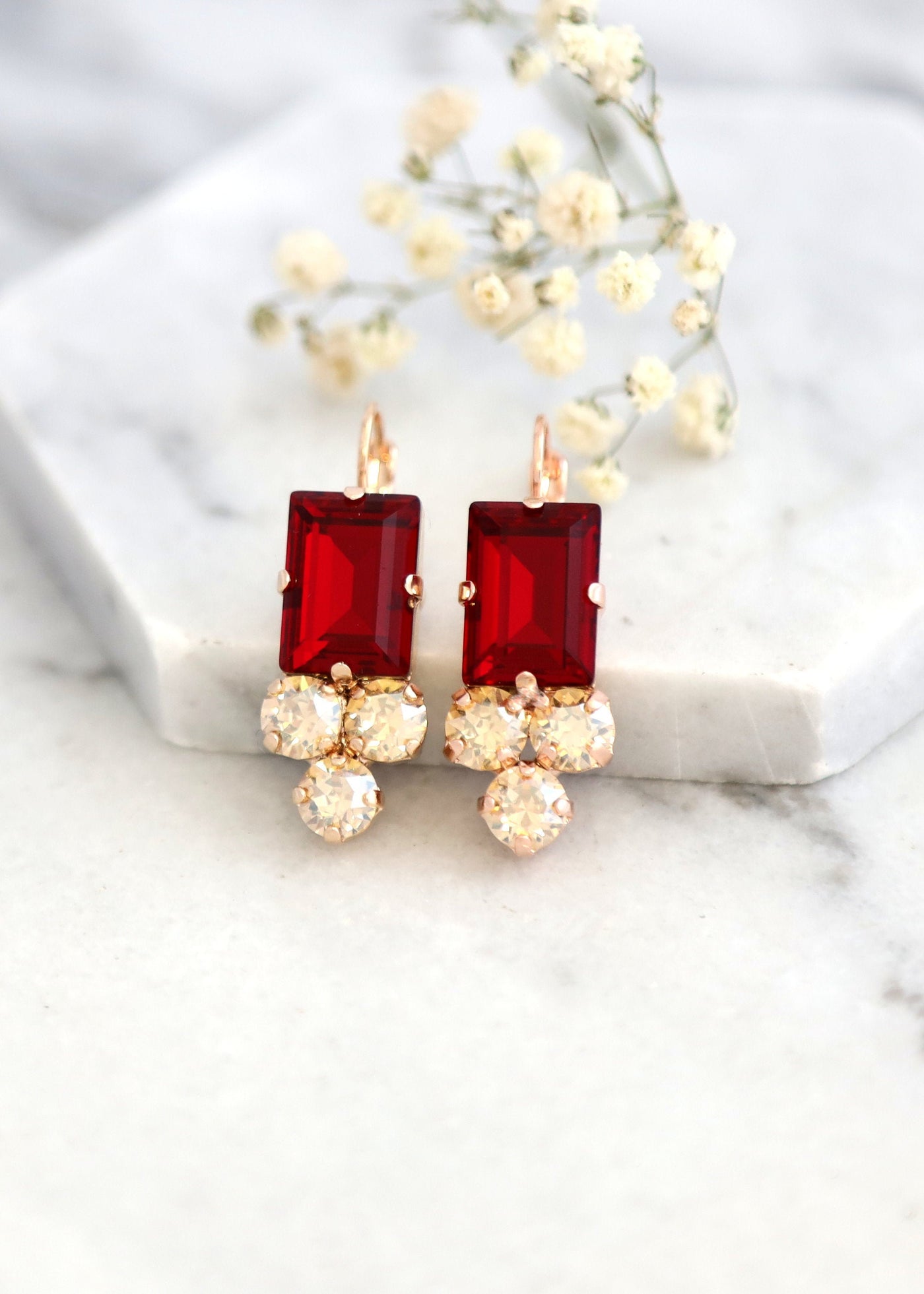 Ruby Red Crystal Drop Earrings, Gift For Her