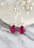 Pink Drop Earrings, Fuchsia Crystal Drop Silver Earrings