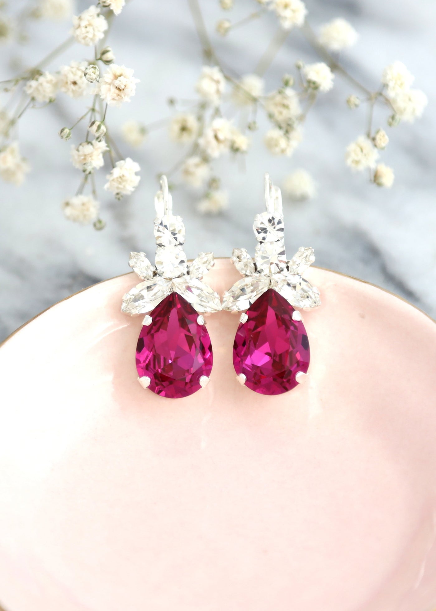 Pink Drop Earrings, Fuchsia Crystal Drop Silver Earrings