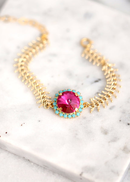 Pink Gold Bracelet, Fuchsia Pink Blue Bracelet, Hot pink Bracelet