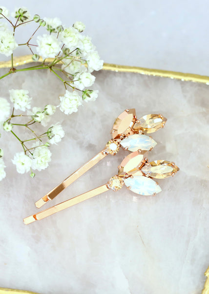 Bridal Hair Pin, Bridal Opal Rose Gold Swarovski Bobby Pin