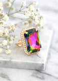 Cocktail Crystal Ring, Statement Peacock Crystal Ring, Multicolor Ring
