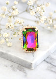 Cocktail Crystal Ring, Statement Peacock Crystal Ring, Multicolor Ring