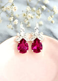 Pink Drop Earrings, Fuchsia Crystal Drop Silver Earrings