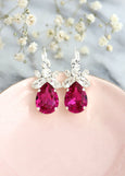 Pink Drop Earrings, Fuchsia Crystal Drop Silver Earrings
