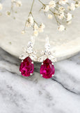 Pink Drop Earrings, Fuchsia Crystal Drop Silver Earrings