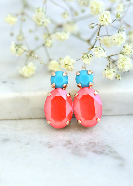 Burnt Orange Coral Earrings, Coral Blue Stud Earrings, Gift For Her