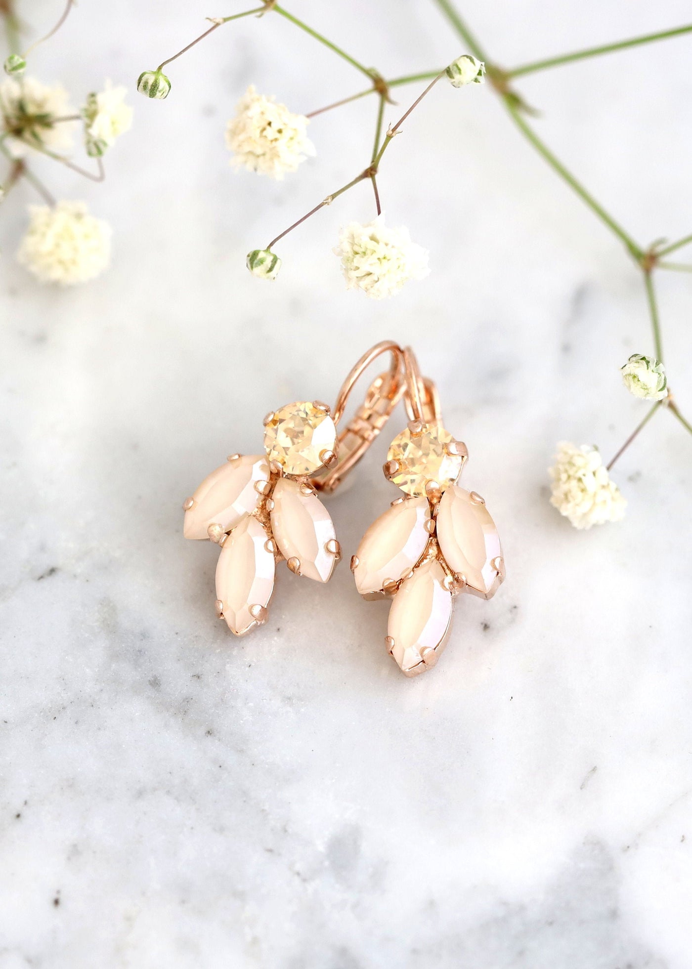 Bridal Ivory Gold Earrings, Ivory Beige Drop Crystal Earrings