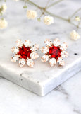 Red Ruby Earrings, Bridal Red Cluster Crystal Earrings