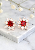 Red Ruby Earrings, Bridal Red Cluster Crystal Earrings