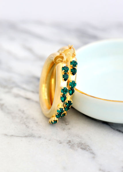 Hoop Earrings, Chunky Hoop Emerald Earrings, Oversize Earrings