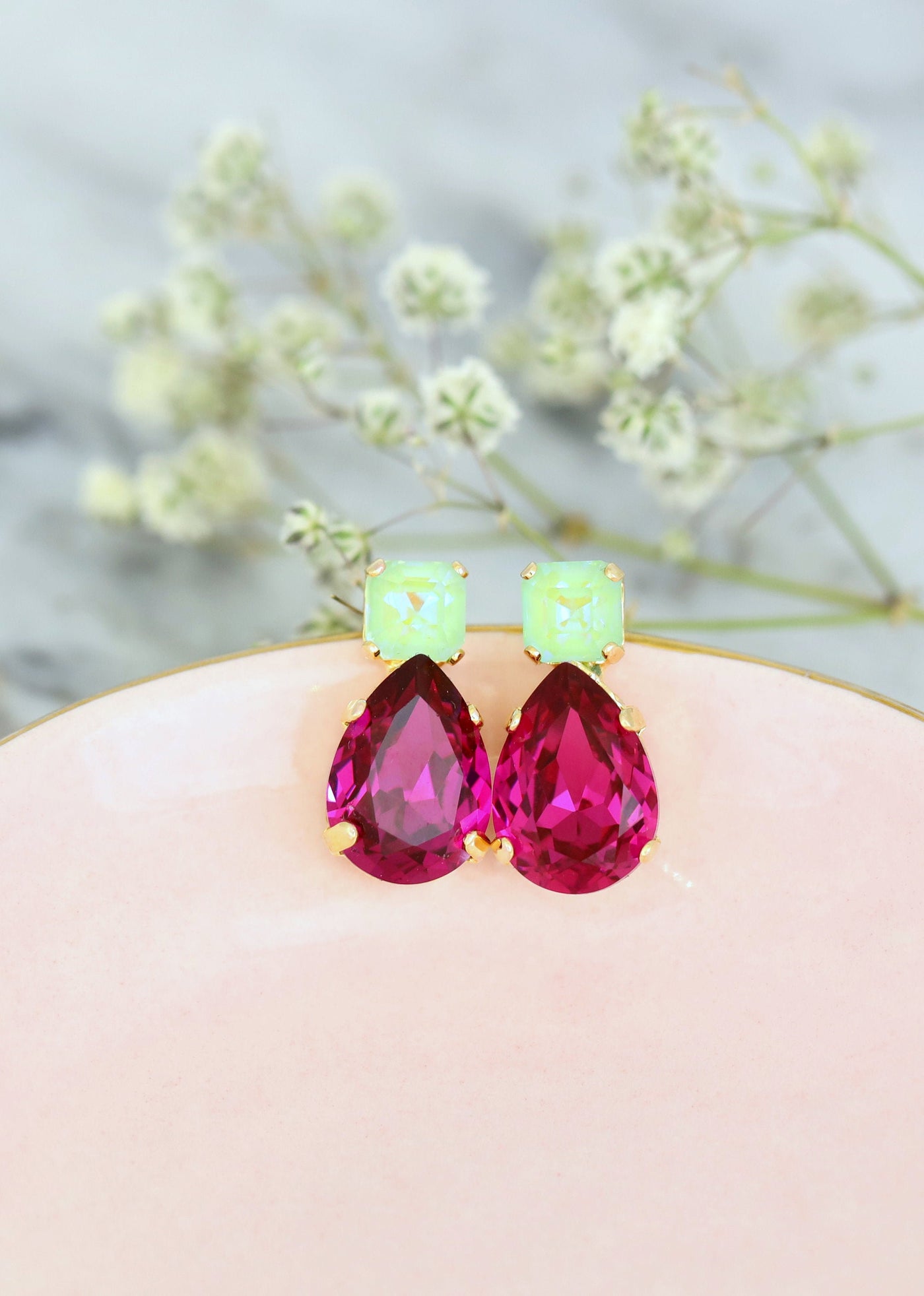 Fuchsia Pink Earrings, Pink Green Earrings, Fuchsia Green Earrings