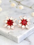 Red Ruby Earrings, Bridal Red Cluster Crystal Earrings