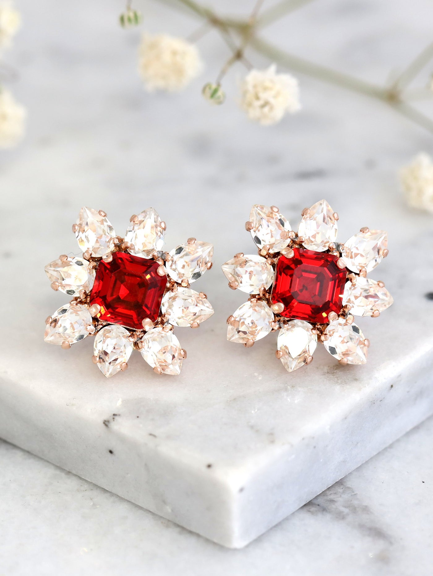 Red Ruby Earrings, Bridal Red Cluster Crystal Earrings