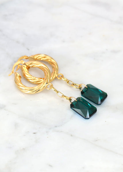 Emerald Earrings, Emerald Drop Earrings, Gold Hoop Earrings
