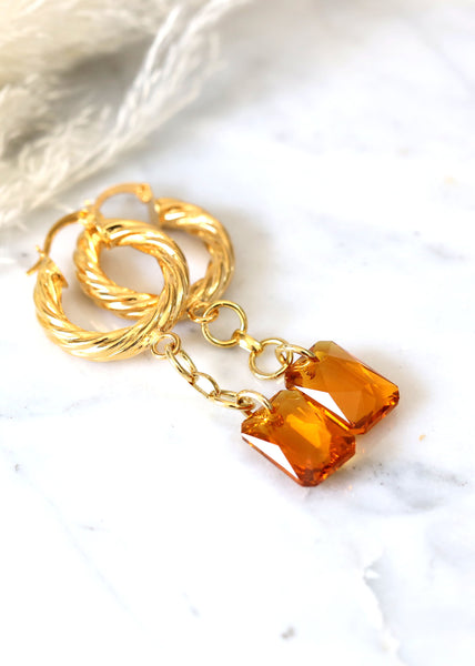 Topaz Earrings, Amber Drop Earrings, Gold Hoop Earrings, Boho Earrings