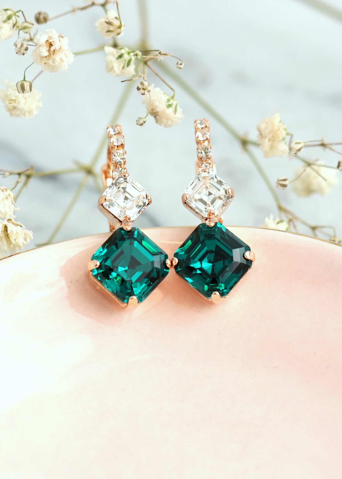 Emerald Crystal Drop Earrings, Bridal Emerald Drop Earrings, Dark Green Emerald Lever Back Earrings, Bridesmaids Earrings, Gift For Her