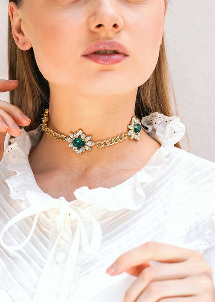 Emerald Green Choker Necklace, Bridal Emerald Necklace, Statement Choker Necklace, Bridal Statement Necklace, Crystal Choker Gold Necklace