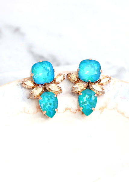 Turquoise Stud Earrings, Blue Lagoon Cluster Stud Earrings, Bridal Sky Blue Crystal Earrings, Turquoise Crystal Stud Earrings, Blue Studs