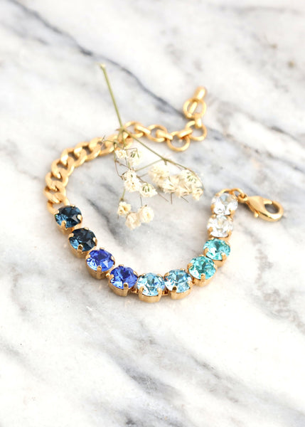 Blue Crystal Bracelets, OMBRE Blue Crystal Gold Bracelet, Bridal Blue Crystal Bracelet, Ombre Aquamarine Gold Crystal BRACELET, Gift For Her