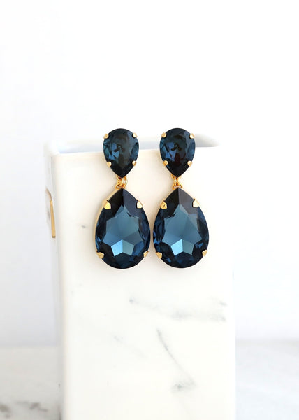 Blue Navy Statement Long Earrings, Blue Navy Chandelier Earrings, Bridal Blue Crystal Earrings, Navy Blu7e Crystal Oversize Earrings.