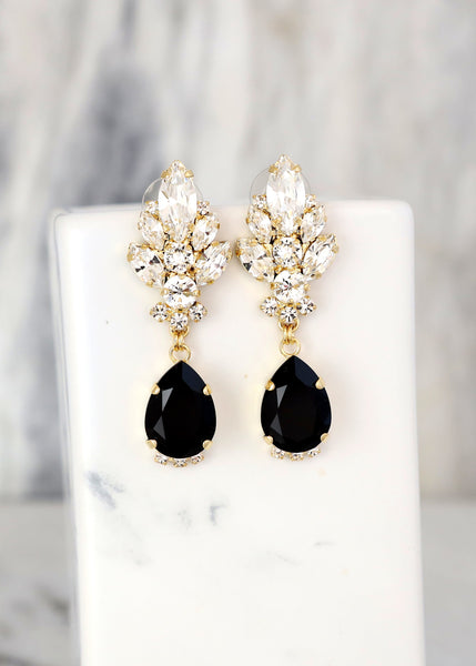 Black Crystal Earrings, Black Gold Chandelier Earrings, Black Crystal Chandelier Earrings, Black Long Drop Earrings, Old Hollywood Earrings