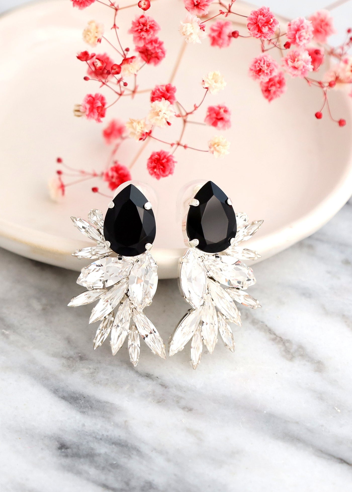 Black Statement Earrings, Bridal Black Crystal Earrings, Back Silver Big Crystal Earrings, Oversize Black Gold Crystal Oversize Earrings