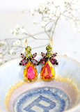 Multi Color Earrings, Orange Green Drop Earrings, Orange Purple Crystal Earrings, Orange Crystal Tropical Earrings, Orange Purple Earrings