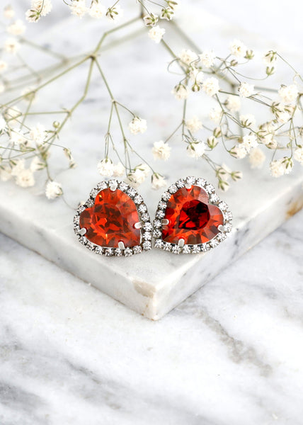 Heart Stud Earrings, Red Magma Crystal Heart Earrings, Red Crystal Stud Earrings, Valentines Gift For Her, Red Heart Statement Earrings