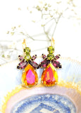 Multi Color Earrings, Orange Green Drop Earrings, Orange Purple Crystal Earrings, Orange Crystal Tropical Earrings, Orange Purple Earrings