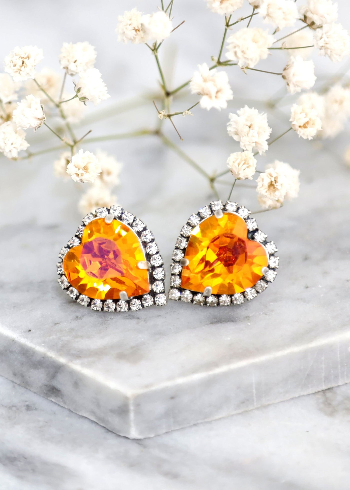 Heart Stud Earrings, Orange Crystal Heart Earrings, Orange Crystal Stud Earrings, Valentines Gift For Her, Hot Orange Statement Earrings