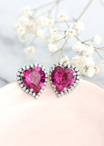 Heart Stud Earrings, Fuchsia Pink Crystal Heart Earrings, Pink Crystal Stud Earrings, Valentines Gift For Her, Pink Heart Statement Earrings