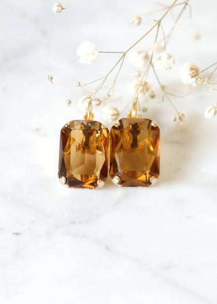 Brown Drop Earrings, Smokey Topaz Austrian Crystal Drop Earrings, Bridal Brown Crystal Earrings, Brown Lever Back Crystal Earrings