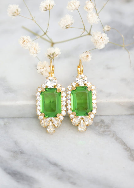 Peridot Drop Earrings, Bridal Peridot Green Crystal Earrings, Bridal Green Earrings, Gift For Her, Gift For Her, Peridot Crystal Earrings