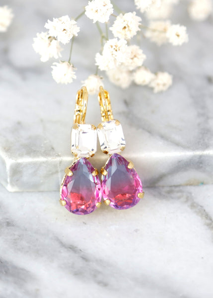 Pink Drop Earrings, Blue Pink Drop Earrings, Bridal Pink Teardrop Crystal Droplet Earrings, Bridesmaids Pink Earrings, Pink Purple Droplets
