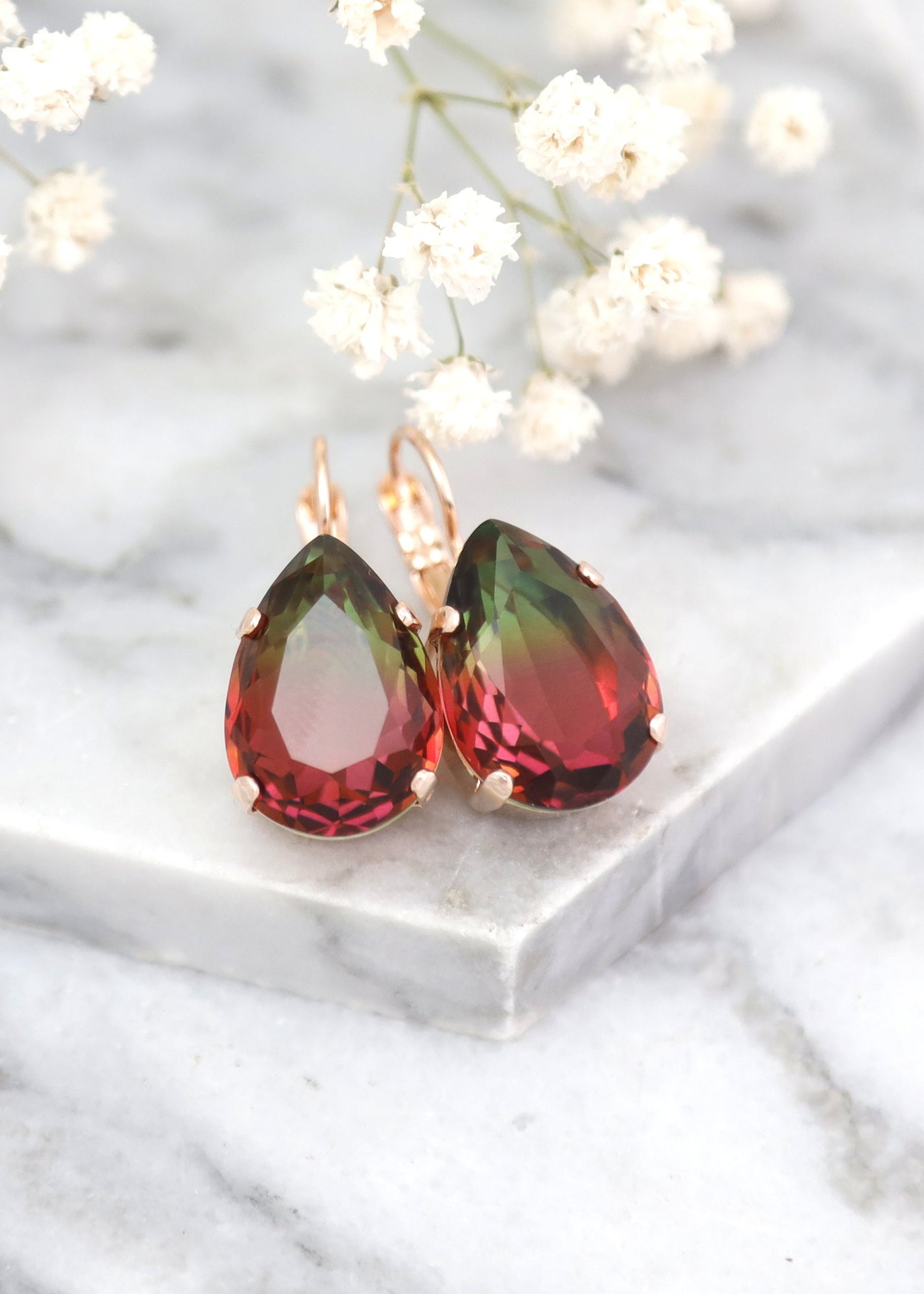 Pink Green Earrings, Tourmaline Crystal Drop Earrings, Pink Bridal Lever Back Earrings, Bridesmaids Earrings, Tourmaline  Crystal Earrings