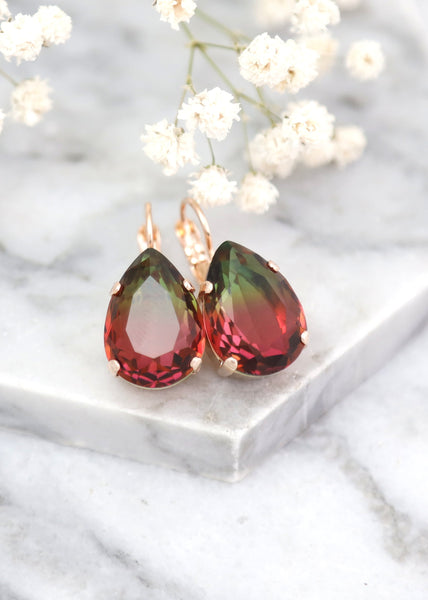 Pink Green Earrings, Tourmaline Crystal Drop Earrings, Pink Bridal Lever Back Earrings, Bridesmaids Earrings, Tourmaline  Crystal Earrings