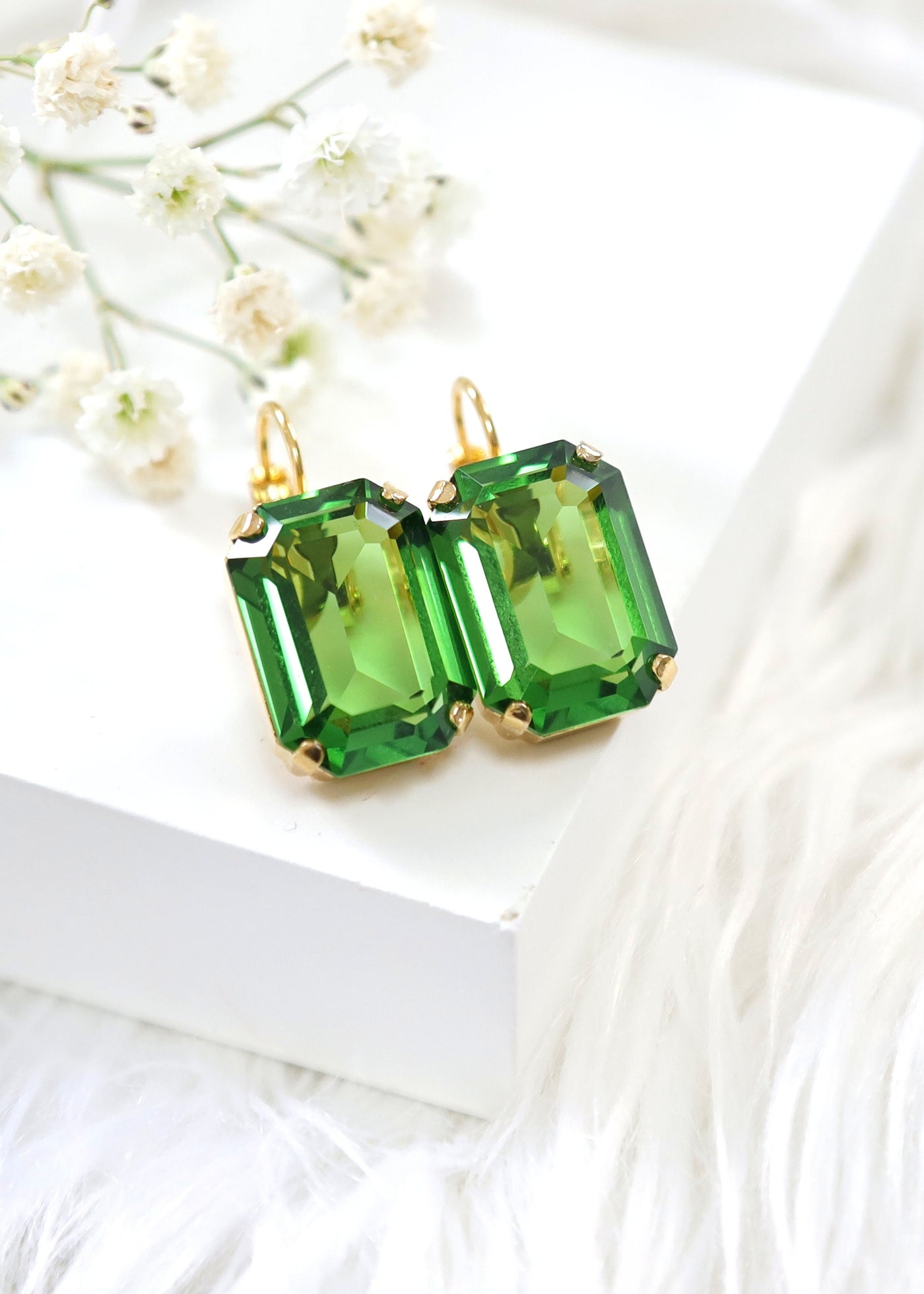 Green Crystal Drop Earrings, Fern Green Drop Earrings, Bridal Green Crystal Earrings, Fern Green Lever Back Crystal Earrings, Gift For Her