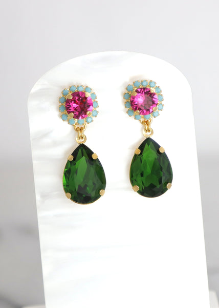 Green Pink Earrings, Green Peridot Pink Drop Earrings, Pink Green Chandelier Earrings, Green Pink Crystal Earrings, Pink Green Jewelry
