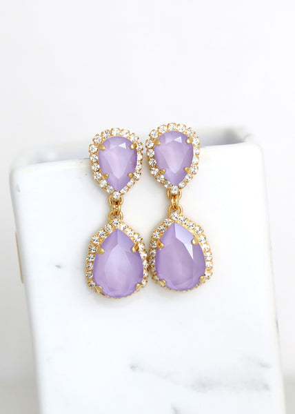 Lilac Crystal Earrings, Bridal Lilac Long Crystal Chandelier Earrings, Purple Crystal Chandelier Earrings, Lilac Statement Gold Earrings